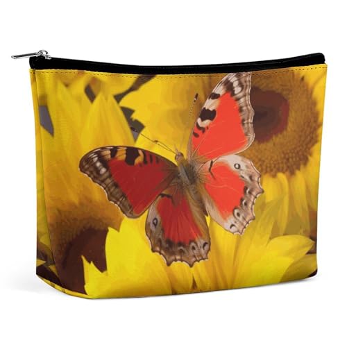 Bolsa de cosméticos, bolsa de maquillaje para mujer, bolsa de maquillaje portátil, girasoles amarillos con mariposa roja, estuche de maquillaje, bolsa de viaje para artículos de tocador para accesorio