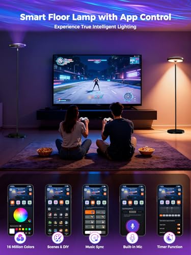 Image of Smart Floor Lamp for Living Room, 3-in-1 RGB+WW Ripple Projector Floor Lamp with RGB+IC Ambient Light and RA90 Reading Light, App & Button Control, Dimmable Modern Corner Floor Lamp, 66.8 Inch