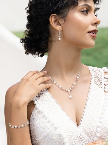 SWEETV Jewelry Set for Bride Women, Cubic Zirconia Pearl Bridal Earrings Necklace Bracelet Set, Bridal Jewelry Set for Wedding Prom3