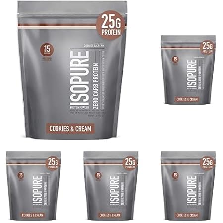 Isopure Zero Carb, Vitamin C and Zinc for Immune Support, 25g Protein, Keto Friendly Protein Powder, 100% Whey Protein Isolate, Flavor: Cookies & Cream, 1 Pound (Packaging May Vary) (Pack of 5)