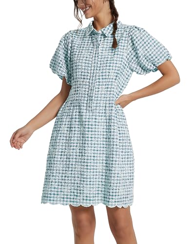 D-Sun Women's Short Sleeve Shirt Dress Button Down Pleated Mini