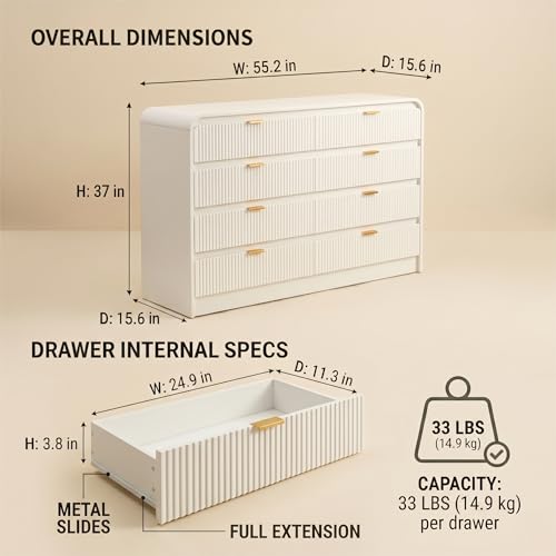 Image of FURSUN Fluted 8 Drawers Dresser for Bedroom, 55 inch Wide Wooden Dresser with Metal Handle, Curved Profile Design, Modern Storage Organizer for Bedroom, Living Room, Hallway, White