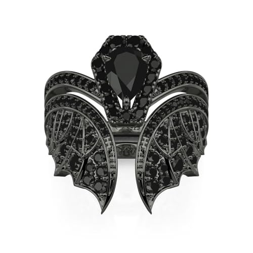 Image of Jeulia Unique Gothic Design 925 Sterling Silver Pear Cut Bat Coffin Promise Engagement Wedding Ring Set with Diamond Wings Bridal Jewelry Gift Box