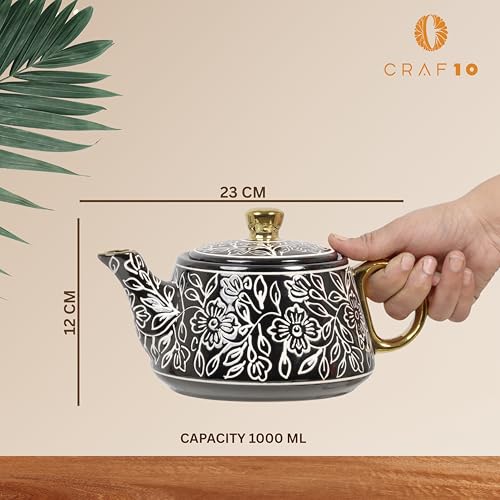 Image of CRAF10 Ceramic Handpainted with Brush Black Desire Gold Tea Morning Set - 1 Kettle (1 Litre) & 6 Cups (160 ML) | Dishwasher Safe | Teapot | Tea Sets with Kettle for Gifting