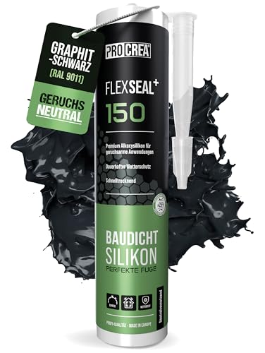 PROCREA Premium Silikon Flexseal+ 150 (graphitschwarz) [neutralvernetzend] Hochwertiges Bausilikon zum abdichten im Innen- & Außenbereich - Allwetter Alkoxy-Silicon in RAL 9011 - Profi-Qualität