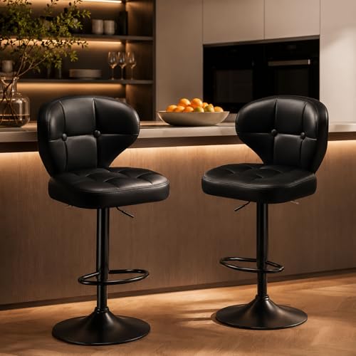 Image of Modern Bar Stools Set of 2, Adjustable Swivel Upholstered Full-Back Counter Height Bar Chairs for Kitchen Island, Dining Room, Bar Black