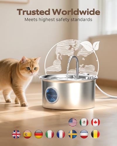 Katzenbrunnen Edelstahl Trinkbrunnen für Katze: Katzen Trinkbrunnen Leise - 2.6L Automatic Katzentrinkbrunnen mit Wasserstandsfenster - Haustierbrunnen für Kleine Hunde - Mehrschichtiges Filtersystem