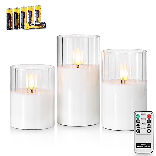Image of Rhytsing Clear Ribbed Glass Battery Operated LED Candles with Remote, White Flameless Candle Gift Set with Timer for Weddings and Churches, Warm White Light- 6 Batteries Inclued - Set of 3