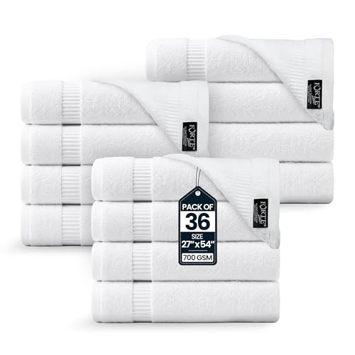 Forte Premium Bulk Bath Towels 27x54 Pack of 36 - Hotel Quality Bulk Bath Towels - 700 GSM 100% Combed Cotton - Ultra Soft & Highly Absorbent White Towels for Hotels, Gym, Spa & Resorts - 17 lbs/Dozen