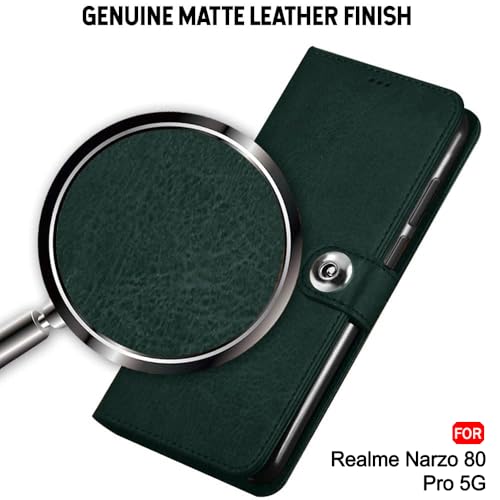 Image of TheGiftKart Flip Cover Back Case for Realme Narzo 80 Pro 5G | Genuine Leather Finish | Designer Button | Inbuilt Pockets & Stand | Wallet Style Flip Back Cover for Narzo 80 Pro (Faux Leather, Green)