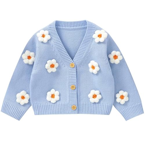 Neiwech Baby Girl Cardigan Sweater Toddler Knit V-Neck Button Long Sleeve Outwear Fall Winter Clothes, Blue, 12-18 Months