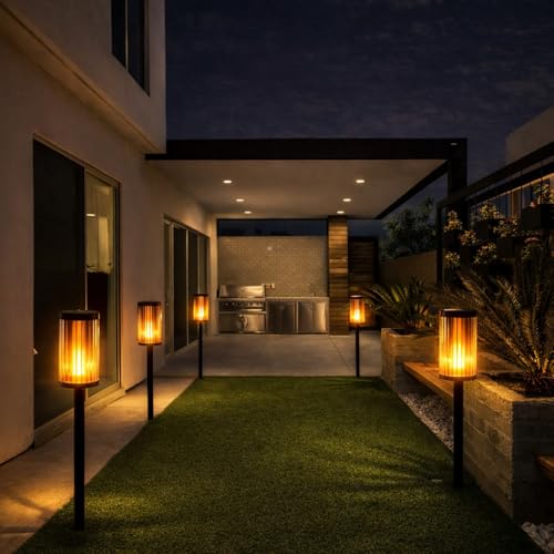 Image of Deco Window Glass Solar Lights Outdoor 2 Pack LED Flame Torches with Flickering Flame, Solar Powered Pathway Lights for Patio, Lawn, Porch, Walkway, Driveway, and Garden.