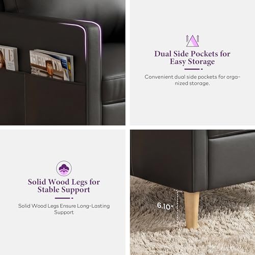 TYBOATLE Leather Chair w/Armrest Pockets, Solid Wood Accent Chairs Set of 2, Mid Century Modern Living Room Chairs, Comfy Waiting Room Reading Chairs for Bedroom, Office, Black