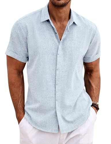 COOFANDY Men's Linen Shirts Short Sleeve Casual Button Down Shirt for Men Untucked Shirt Summer Vacation Blue
