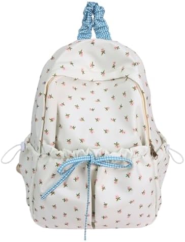 Cute Aesthetic Bow Backpack for Women Kawaii Floral Print Preppy College Book Bag Trendy Coquette Laptop Daypack (White)
