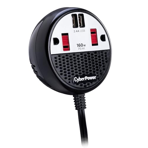 CyberPower CPS160PPB2U‑FC 160W Power Inverter, 12V DC to 120V AC Car Converter with 2 AC Outlets & Dual USB Ports (2.4A Shared), 100W Continuous Output, Compact Vehicle Power Adapter, 2‑Year Warranty