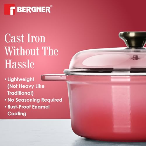Image of Bergner Excalibur Lightweight Cast Iron Dutch Oven /Biryani Pot /Casserole with Glass Lid, 26cm /5L, Non-Stick Coating, PFAS Free, Elegant Design, Silicone Grips, Induction and Gas Stove Ready (Pink)