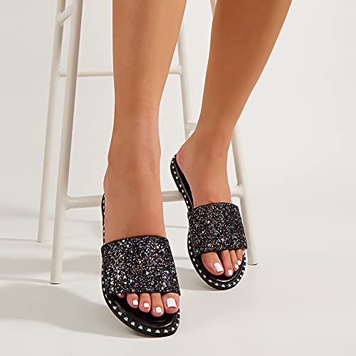 Image of Women's Open Toe Flat Sandals Rhinestone Glitter On Casual Fashion Slippers Quick Drying Indoor & Outdoor Slides