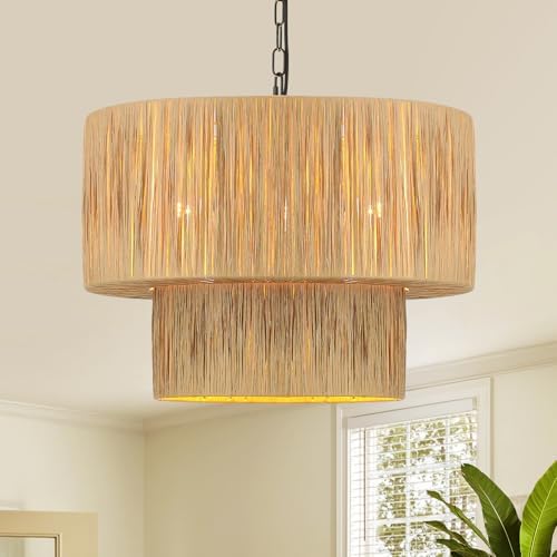 6-Light Boho Rattan Chandelier Light Fixture, 18.9