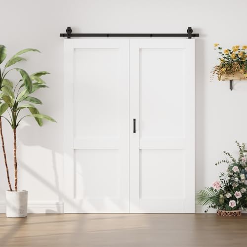 Image of 60 inchx80 inch White 2-Panels Bi-fold Barn Door Slab with 64 inch Track Kit Included