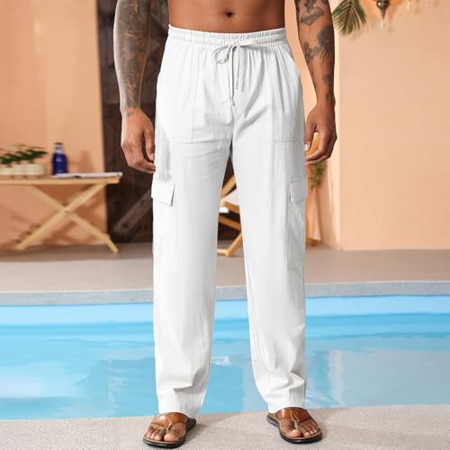 Men's Casual Linen Pants Summer Loose Fit Elastic Waist Drawstring Pants Lightweight Linen Cargo Trousers with Pockets2