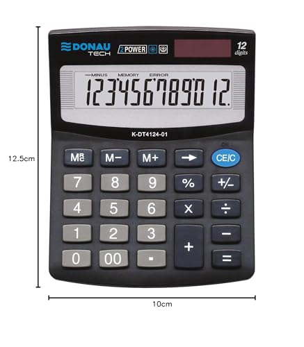 DONAU TECH Tischrechner 12-Stellig Wurzelfunktion/ 12,5 x 10 x 2,7 cm/Schwarz/Rechner mit 12-stelliger Anzeige/Dual-Power Solar - Batteriebetrieb/Kompaktes Design
