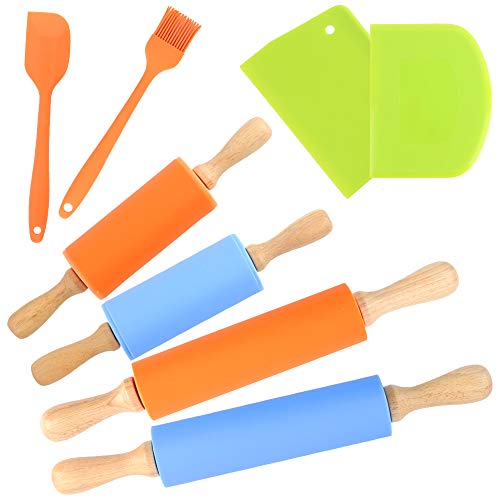 Koogel 8 Pcs Silicone Rolling Pins Set, 15 Inch Non-Stick Rolling Pins 9 Inch Kids Rolling Pin Scraper Chopper Silicone Oil Brush Spatula for Parent-Child Baking