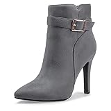 IDIFU Women's Dana Pointed Toe Stiletto High Heels Ankle Booties Side Zipper Short Boots with Metal Buckle(12, Gray Suede)
