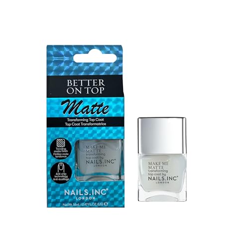 Nails Inc Better On Top, Make Me Matte, Matte, Top Coat, No Chip, Long Lasting, Quick Dry, Air Dry, Professional Manicures & Pedicures, Fingernails & Toenails, Vegan Nail Polish, 14 ML