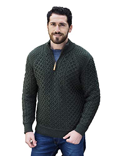 Aran Crafts Men's Cable Knitted Half Zip Sweater (100% Super Soft Merino Wool)