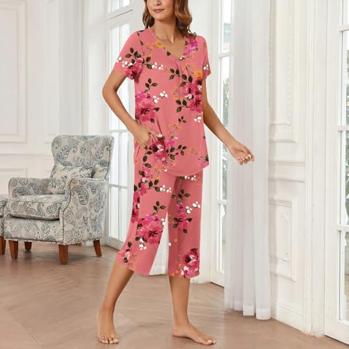 Image of Bestbee Women's Pajama Sets 2 Piece Lounge Outfits Summer Sleepwear V Neck Short Sleeve Capri Pant With Pockets Ladies Pjs