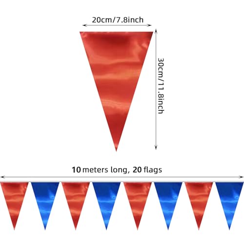 Image of 40M /130FT Blue Red Triangle Pennant Banner Flag Metallic Fabric Bunting Garland for Christmas Graduation, Independence Day, 4th of July, Patriotic Themed Party Decoration