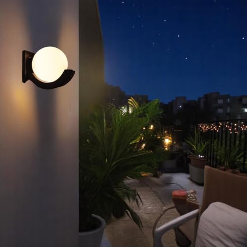 Image of Wooden Wall Lamp, Globe Shape, Dark Brown and White Frosted Glass Pack of 1