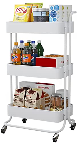 Sooyee 3 Tier Utility Cart,Rolling Cart with Handle and Lockable Wheels, Multi-Functional Storage Cart for Office, School,Living Room, Kitchen, Bathroom, Bedroom,Laundry, White
