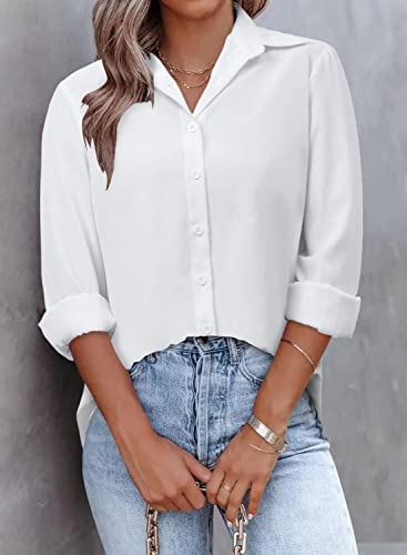 Onlyshe White Blouses For Women's Button Down Casual Cuffed V Neck Long Sleeve Solid Color Shirts For Teens Girls Tops L #TOP1