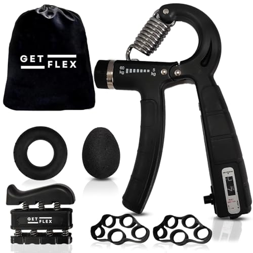 GETFLEX Grip Strength Trainer (6 Pack) - Forearm Strengthener - Hand Gripper Strengthener - Stress Relief Ball and Adjustable Spring Resistance Ranging From 11 To 132 Lbs(5 To 60kg) - Black