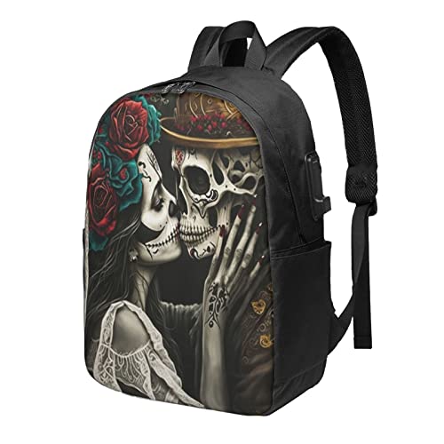 Couple Skull Travel Laptop Backpack for Women Men, 17 Inch Business Backpack with USB Charger Port