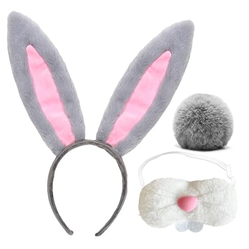 GUCILV Bunny Ears And Tail Set Bunny Ears Headband Halloween Cosplay Costume Accessories for Party (Grey Ears&Tail&Nose)