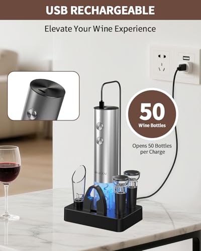 Image of CIRCLE JOY Electric Wine Opener Rechargeable, 6-in-1 Stainless Steel Electric Cordless Wine Bottle Opener with Pourer & Foil Cutter, 2 Vacuum Preservation Stoppers and Base, Gift for Home, Party, Bar