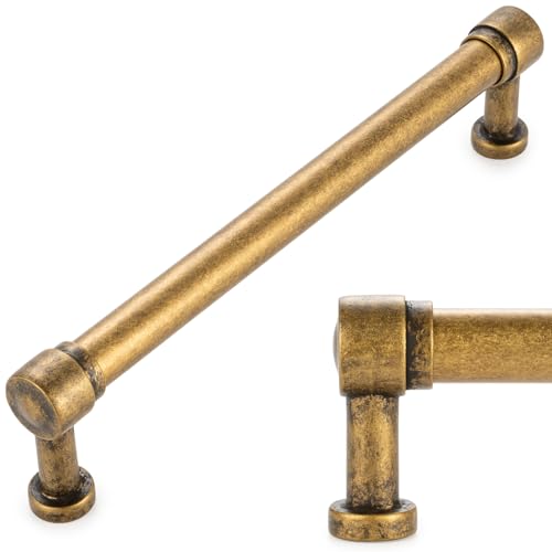 KOOFIZO Antique Brass Cabinet Pulls, 10-Pack Vintage Cabinet Handles, 6-1/4 Inch Screw Spacing, Retro Hardware P25 for Kitchen Door, Drawer, Bedroom Dresser, Bathroom Vanity