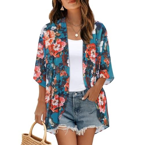 Women's Floral Kimono Print Puff Sleeve Loose Cardigan Cover Up Casual Blouse Summer Tops (Blue Red Floral, L)