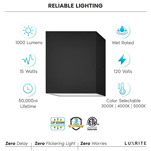Luxrite Square Led Up And Down Wall Sconces Set Of 2, Metal, 3 Color Selectable 3000K | 4000K | 5000K, Modern Indoor And Outdoor Wall Light, 15W, 1000 Lumens, 120-277 Volt, Wet Rated - Black #TOP6