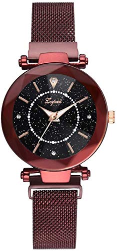 Damenuhr Quarzuhr Sternenhimmel Uhr mit rundem Zifferblatt eingefasst Strass mit magnetischer Schnalle Armband für Elegante Frauen, Rot