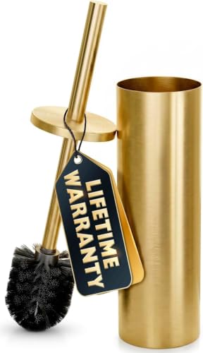 Gold Toilet Brush and Holder Set - Stainless Steel Gold Toilet Bowl Brush and Holder with Replaceable Head Removable Inner Bowl and Splash Guard - Dense Bristles for Thorough Cleaning