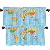 Shrahala World Map Half Window Curtains, Mercator's Projection Map Kitchen Valance - Ink Printing, 52x18 inch (2pcs)