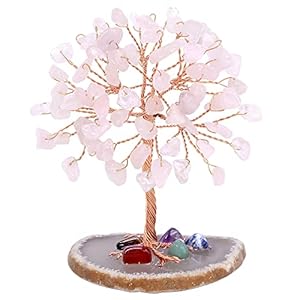 Top Plaza Rose Quartz Healing Crystals Stones Tree Wire Wrapped on Natural Agate Slice Base Home Office Desk Living Room…