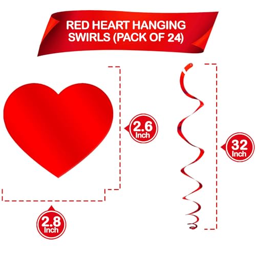 Image of PartyGarden Red Hanging Heart Party Decorations - 24 Pcs Pre-Assembled Ceiling Hanging Swirls for Valentines Day, Galentines Day