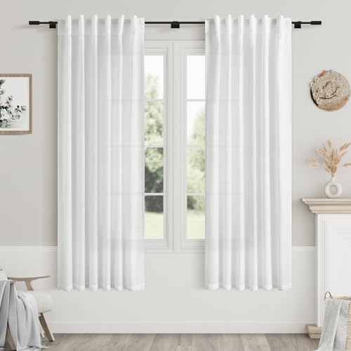 Image of White Linen Curtains 63 Inches Long for Bedroom Back Tab Light Filtering Privacy Sheer Curtains Modern Farmhouse Coastal Decor White Cotton Textured Gauze Curtain for Bathroom 2 Panel Set 42x63