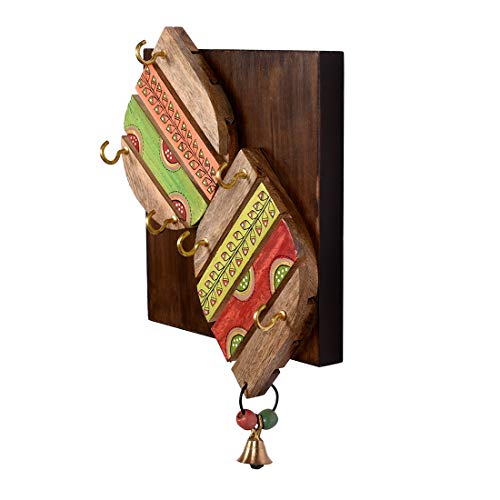Image of AAKRITI ART CREATIONS Key Holder, Handcrafted Madhubani Design Key Hanger | Rustic Wood Wall Organizer with 4 Hooks | New Home Gifts | Multifunctional Entryway Decor Item