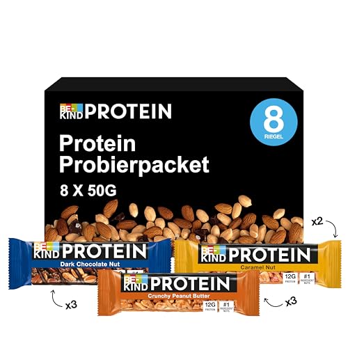 BE-KIND PROTEIN Riegel Probierpaket, Mit 3 Sorten: Crunchy Peanut Butter, Dark Chocolate Nut, Caramel Nut, 8 x 50 g